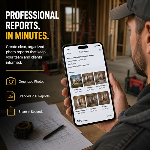 Photo Report composer interface showing job folder contents and report generation